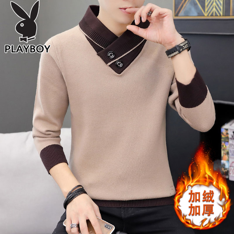 Playboy men's sweater plus velvet Korean trend turtleneck sweater men's top thick winter bottoming shirt