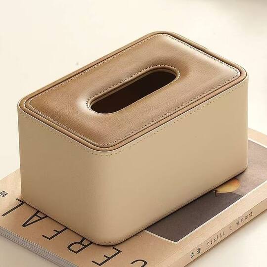 Caja de pañuelos color crema para sala de estar y dormitorio, grano de madera ligero de lujo, caja de almacenamiento simple de alta gama, caja de papel de cuero nórdico