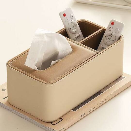 Caja de pañuelos color crema para sala de estar y dormitorio, grano de madera ligero de lujo, caja de almacenamiento simple de alta gama, caja de papel de cuero nórdico