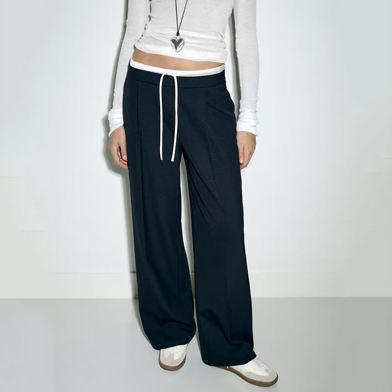 1608225 Za Spring New Women's Fashionable Lace-Up Patchwork Double-Layer Waist Wide-Leg Pants 1608225800