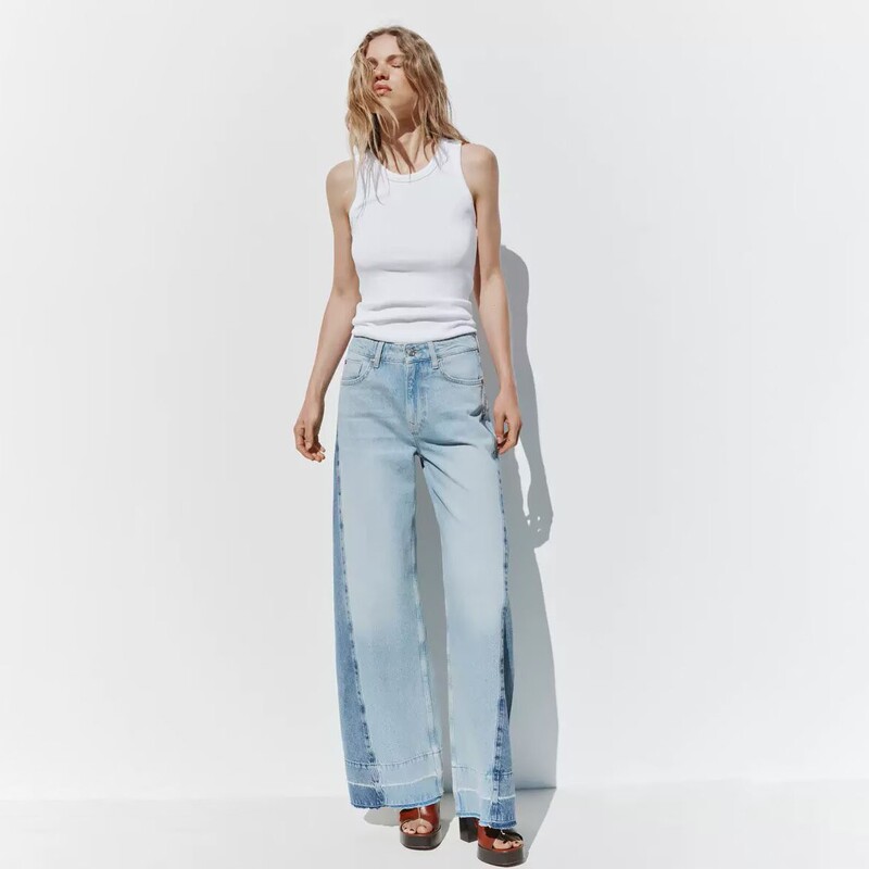 6164075 Za Spring New Women's American Retro Splicing High Waist Versatile Wide Leg Jeans 6164075
