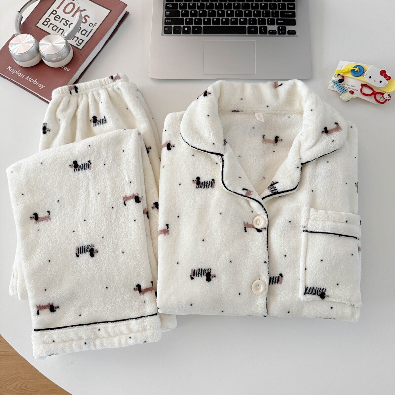 Dachshund Pajamas for Women, Autumn and Winter Style, Coral Velvet Fleece-Lined, Warm Flannel Cardigan, Cartoon Cute Home Wear Set