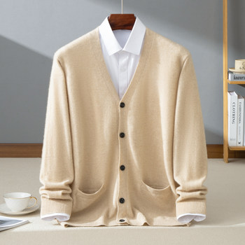 Autumn and winter 100% pure cashmere cardigan men's thin v-neck buttoned sweater jacket business casual warm sweater Autumn and winter 100% pure cashmere cardigan men's thin v-neck buttoned sweater jacket business casual warm sweater