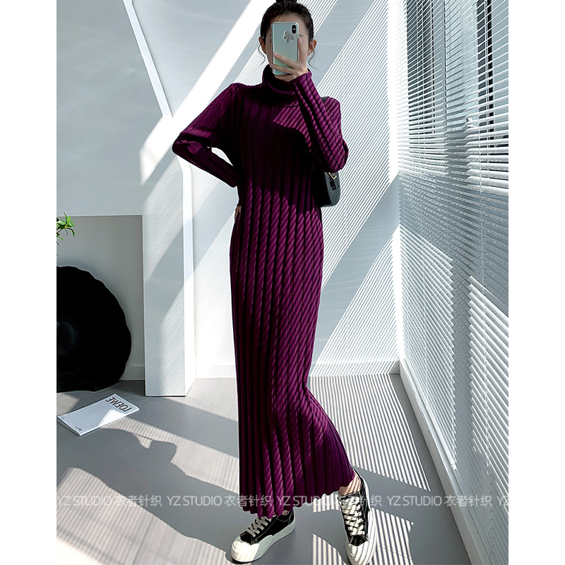 Dark Purple20 Autumn and winter new pattern Women have more cash than can be accounted for Self cultivation High collar Wool dress Long sleeve knitting Bottom up Dress lengthen Wool dress