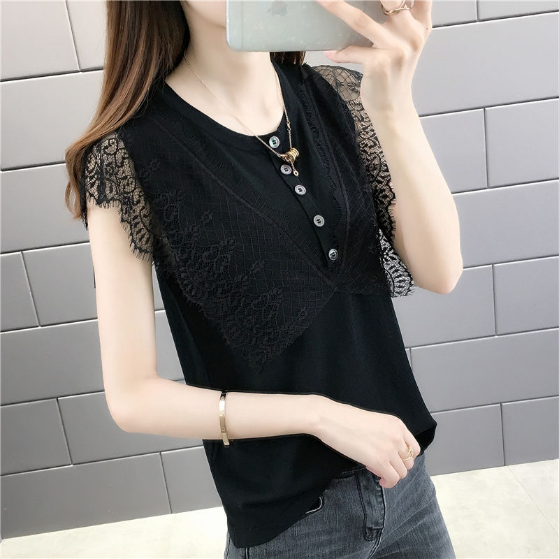 2020 mùa hè mới mỏng không tay ren dệt kim Vest Vòng cổ áo thun nữ Loose-xương