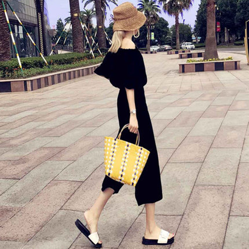 2021 summer new Korean style loose fashion high waist one word collar black jumpsuit suit foreign style fashion trend