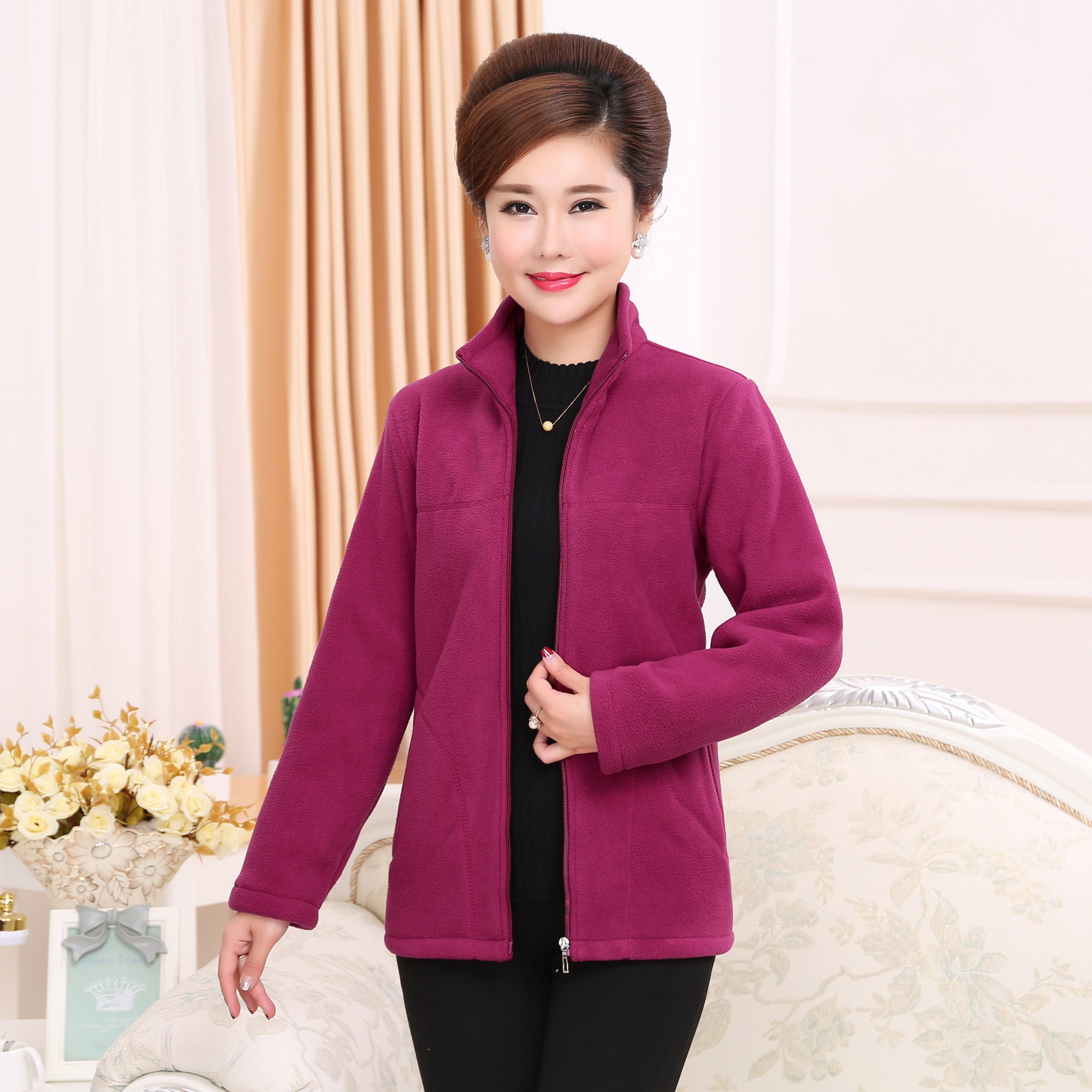 Áo len trung niên áo len lông cừu dài tay áo khoác len nữ ngoài trời thể thao mẹ tải áo lông cừu trung niên váy đẹp tuổi trung niên