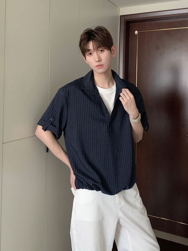 Hn26S【Fake Two-Piece Polo Shirt】Summer Striped Loose Short-Sleeve Unisex Versatile Adjustable Hem T-Shirt