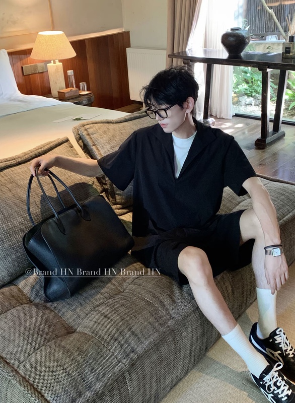 Hn Trendy Brand [Fake Two-Piece Old Money Style] Set for Men, Summer Thin High-End Fashion Shirt and Shorts Two-Piece Set