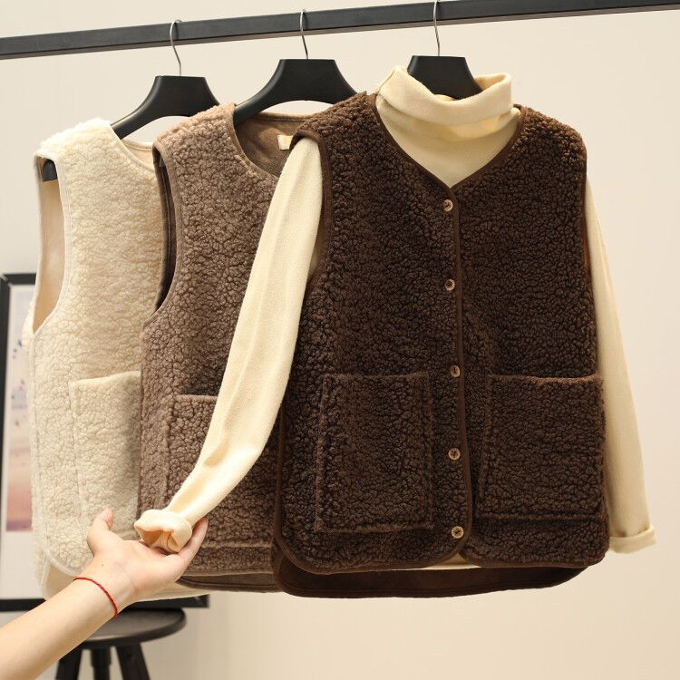 Lamb plush waistcoat 2022 Winter short Han version fur integrated 100 lap loose waistcoat waistcoat Shoulder Jacket