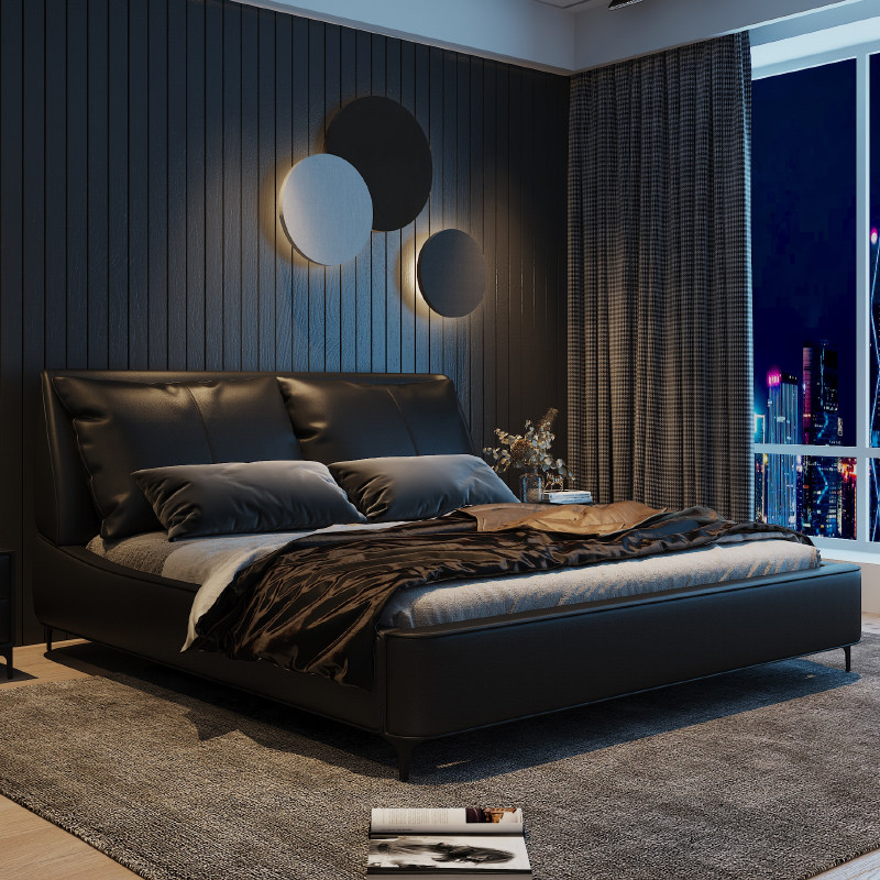 Italian bed Light luxury master bedroom Leather bed Nordic ins wind modern simple bedroom Wedding bed Soft bag double bed High-end