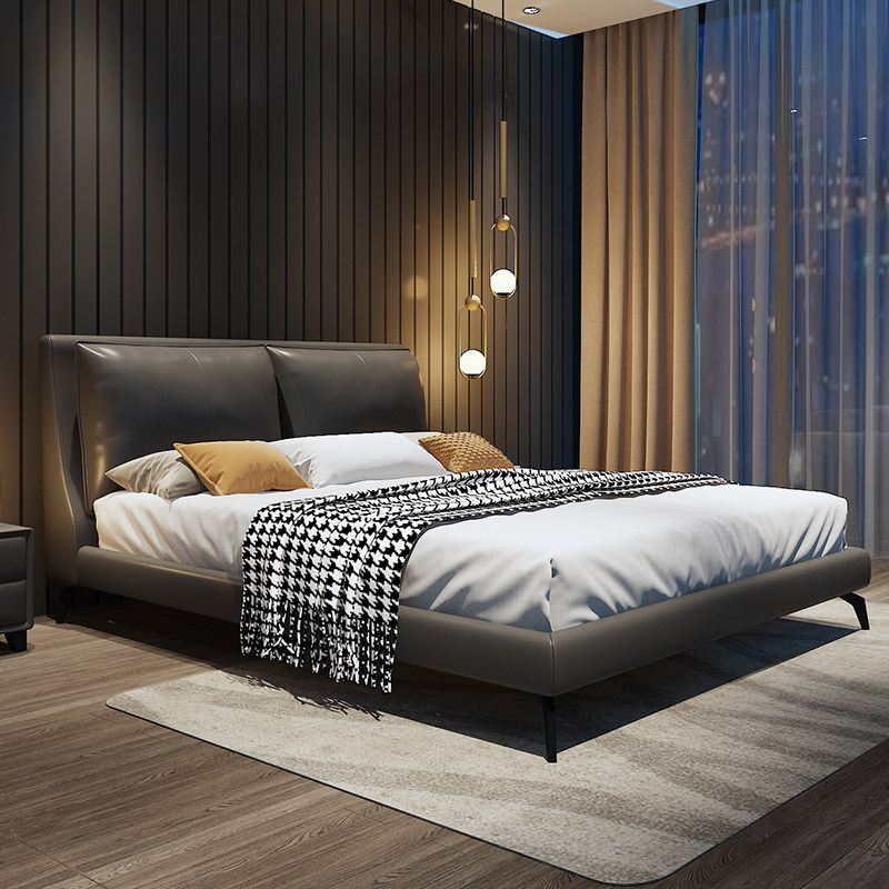 Light luxury leather bed cowhide double bed master bedroom Italian modern minimalist bed ins net red bed 1 8 meters Nordic leather bed