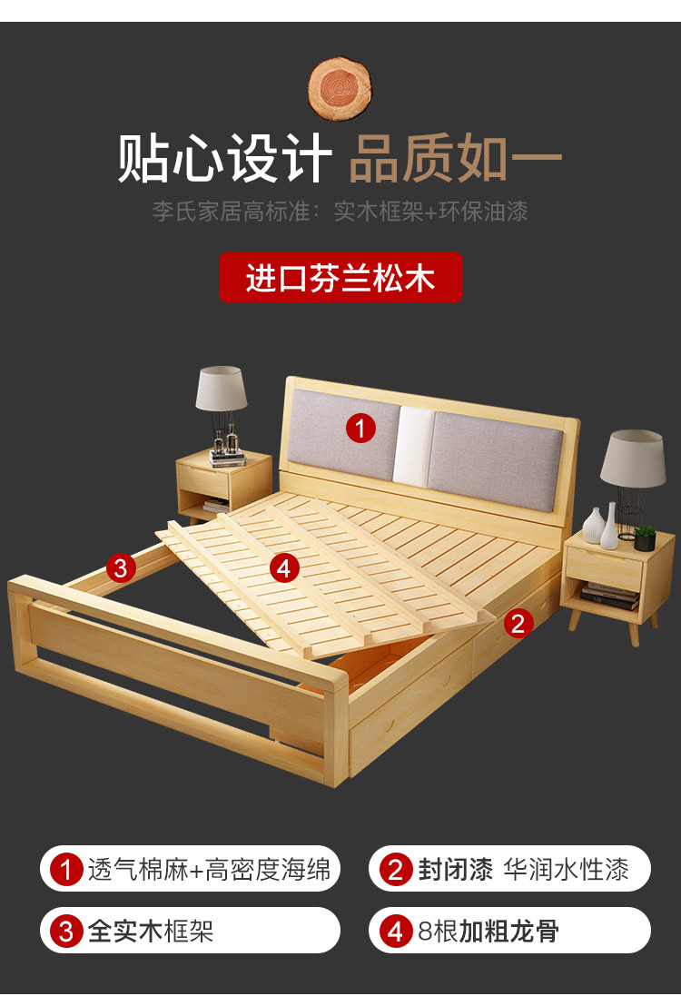 Giường gỗ rắn hiện đại tối giản giường đôi đơn giường 1,5 m tổng thể phòng ngủ kinh tế 1,8 m Giường mềm Bắc Âu - Giường phản giường