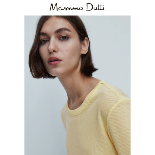 Massimo Dutti, демисезонная желтая футболка с коротким рукавом, круглый воротник