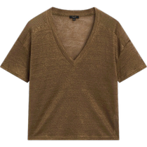 New Season Special Massimo Dutti Womens Clothing 2024 Summer New Lazy Brown Linen V-Neck Short-Sleeved T-Shirt 06242933705