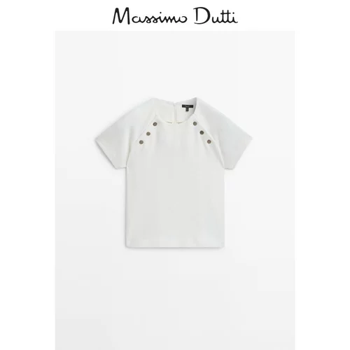 Massimo Dutti, демисезонная дизайнерская бежевая футболка для отдыха, 2023, в британском стиле, тренд сезона