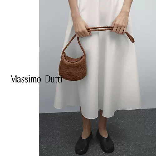 Сезон скидок MassimoDutti Женские аксессуары 2025 Осень и зима Новая простая коричневая сумка через плечо из тканой кожи наппа 06918604702