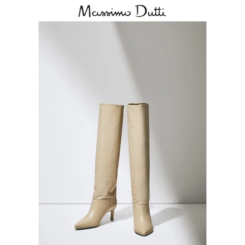 Massimo Dutti, сливочные высокие сапоги на высоком каблуке, ограниченное издание, из натуральной кожи
