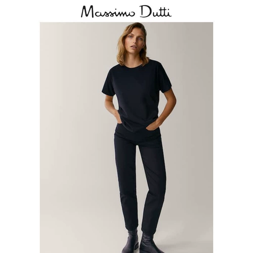 Massimo Dutti Женская черная круглая шея базовая классическая классическая универсальная хлопковая манатка на свободных коротких рукавах 06812902800