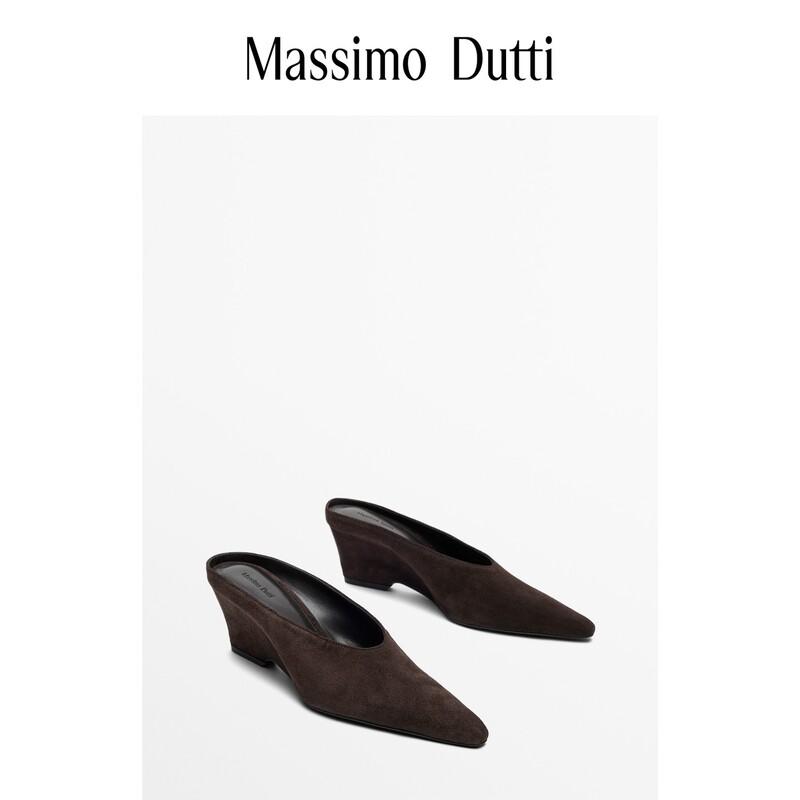 Massimo Dutti Women's Shoes 2026 Autumn New Style Retro Brown Pointed-Toe Genuine Leather Slingback Wedge High Heels 11404850700