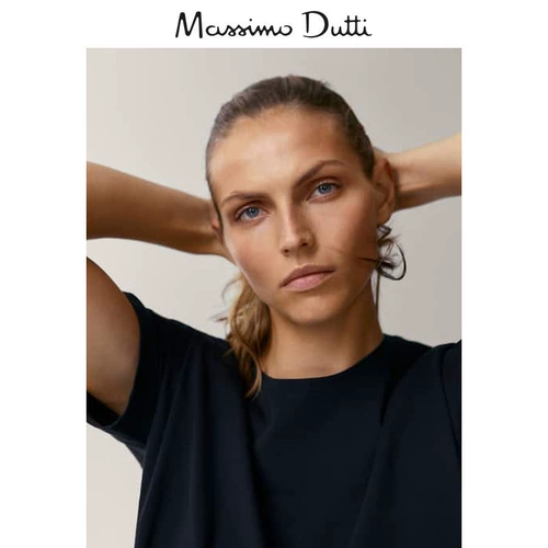 Massimo Dutti Женская черная круглая шея базовая классическая классическая универсальная хлопковая манатка на свободных коротких рукавах 06812902800