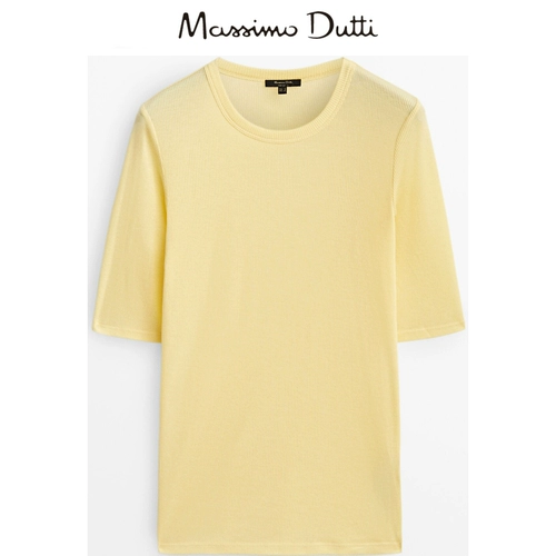 Massimo Dutti, демисезонная желтая футболка с коротким рукавом, круглый воротник
