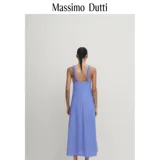 Massimo Dutti, летнее синее длинное платье, V-образный вырез, с открытой спиной, с лямками, средней длины