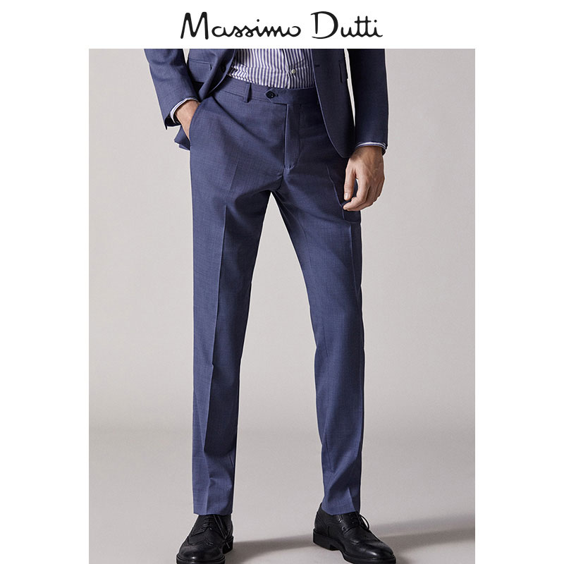 Massimo Dutti 00092136400 男士修身款全羊毛米通布纹理西装长裤