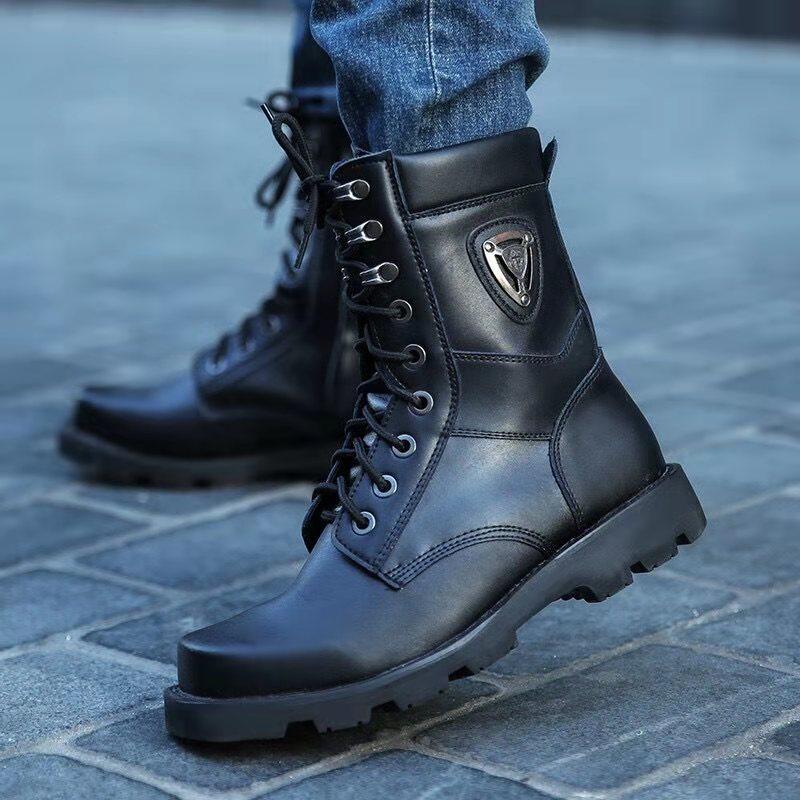 Genuine Leather Explosion Fighting Boots Steel Head Steel Ground Snow Boots Waterproof Cotton Shoes High Bunch of wool Martin boots-Taobao
