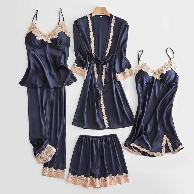 Spring and Autumn Pajamas Female Sense Five-Piece Silk Skirts Summer Ice Silk Lady's Sleeping with Breath Paddle Summer