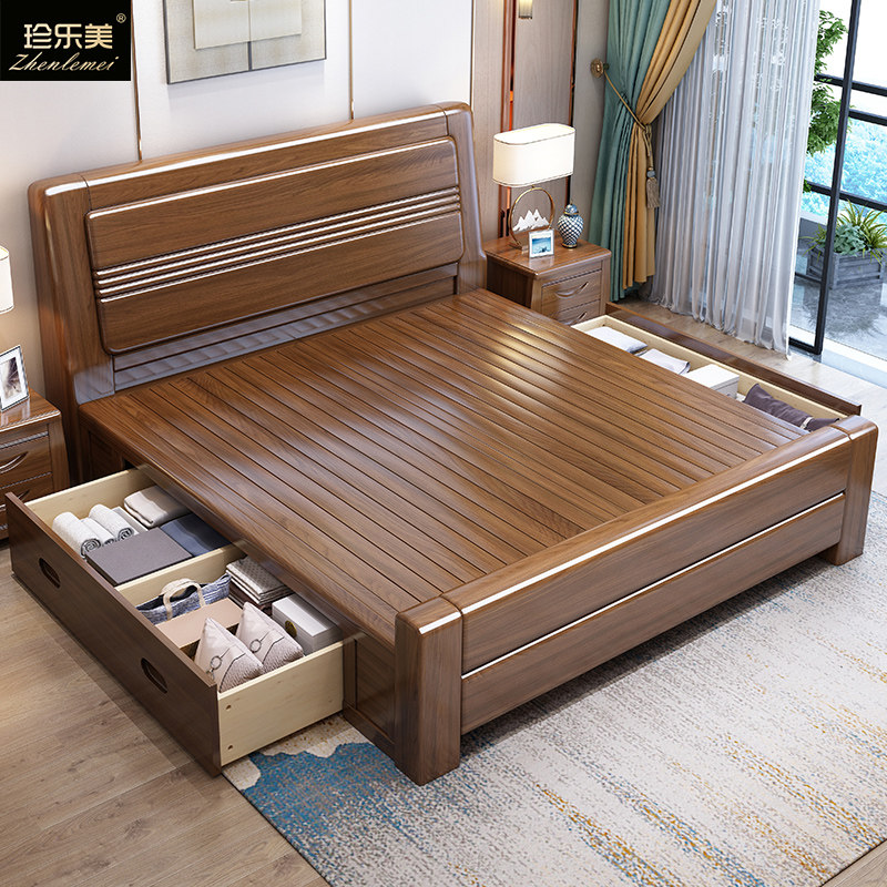 Gold silk walnut solid wood bed 1 8 meters Chinese style double bed 1 5 master bedroom big bed modern minimalist bedroom storage bed