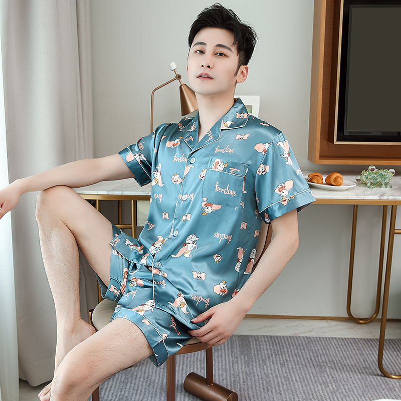 Mens đồ ngủ mùa hè lụa quần short mỏng thiếu niên mùa xuân và mùa thu băng phim hoạt hình quần áo nhà set mùa hè.