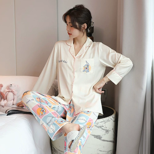 Осенняя летняя пижама, шелковый тонкий лонгслив для отдыха, комплект