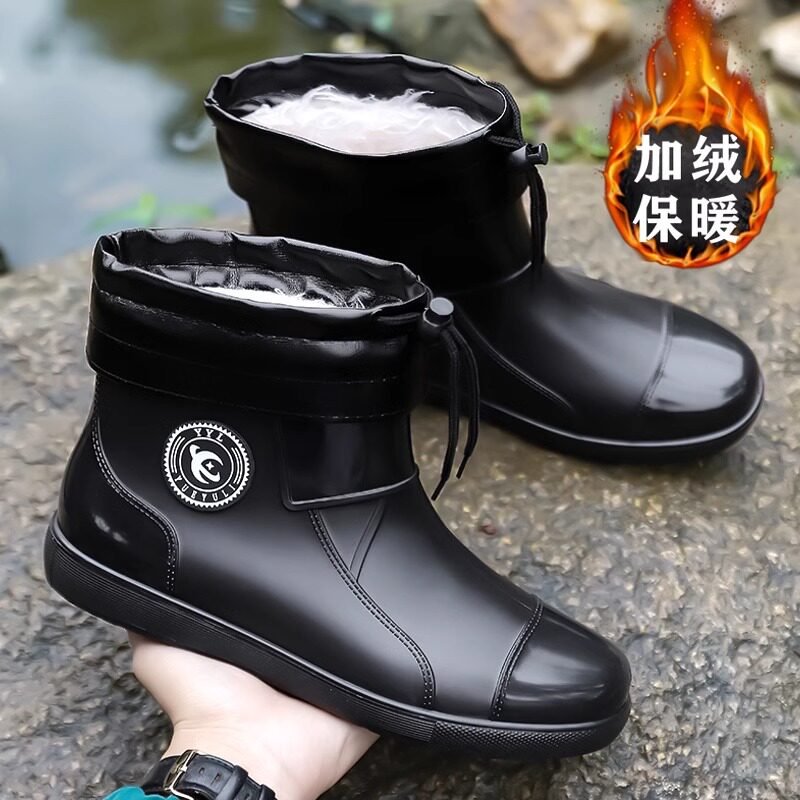 Rain Shoes Men's Non-slip Waterproof Rubber Shoes Winter Warm Plus Suede Cotton Shoes Extra-large Code Lauding Rain Boots Water Shoes Men Fishing-Taobao