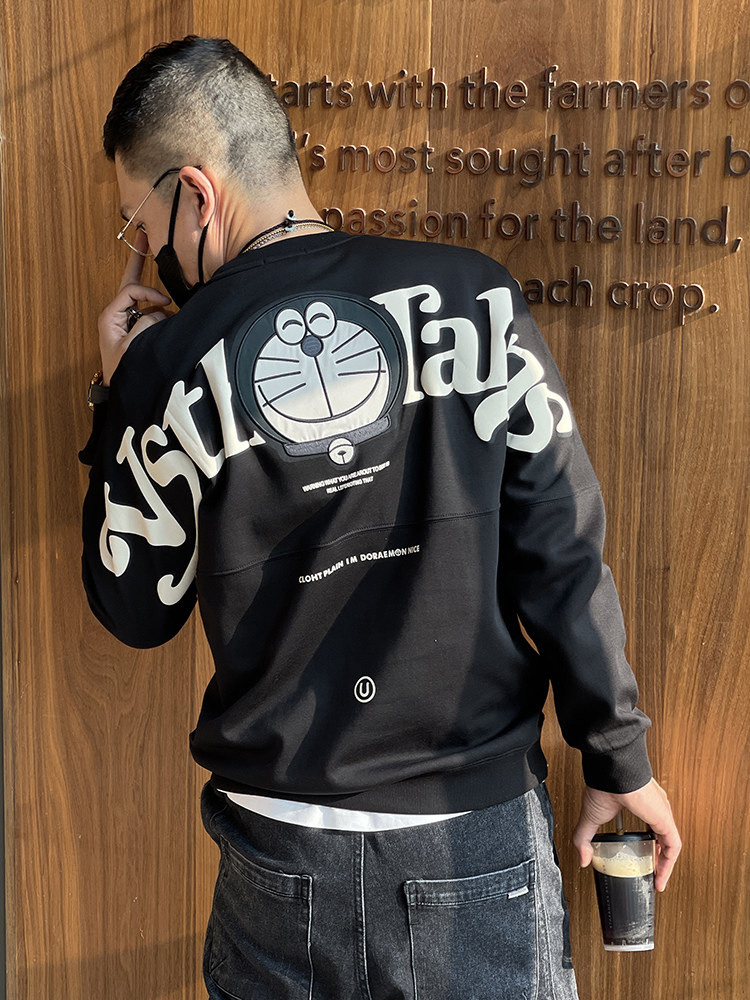 Autumn Doraemon limited edition foam printing long-sleeved sweater men's fried street embroidery heavy industry casual round neck jacket