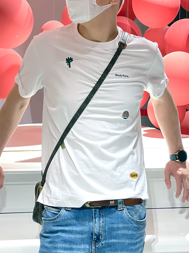 2022 summer new Japanese retro embroidery half-sleeved bottoming shirt INS trend loose shoulder sleeve short-sleeved T-shirt men