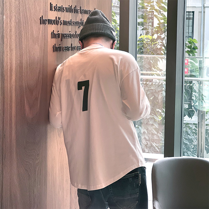 Fall Trend Retro Arc Bottom Long Sleeve Beat Undershirt Men's Day High Street Foaming Printed Loose Round Collar T-shirt-Taobao