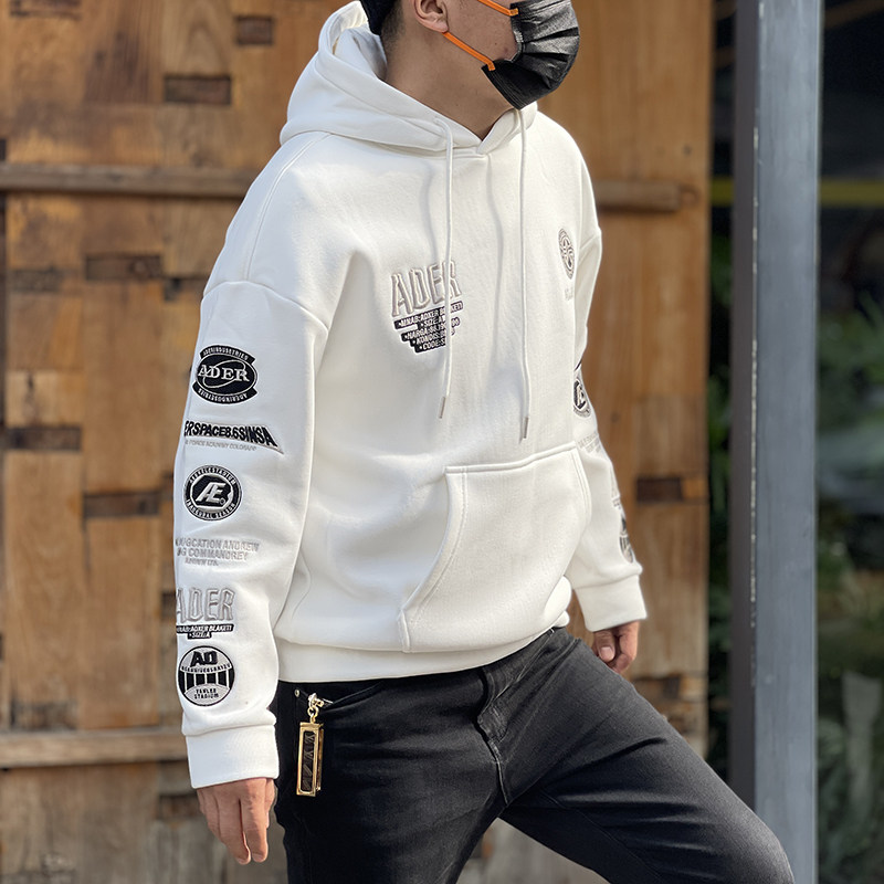 American heavy industry design sense embroidery patch hooded sweater men's trendy brand sports hoodie handsome street casual jacket