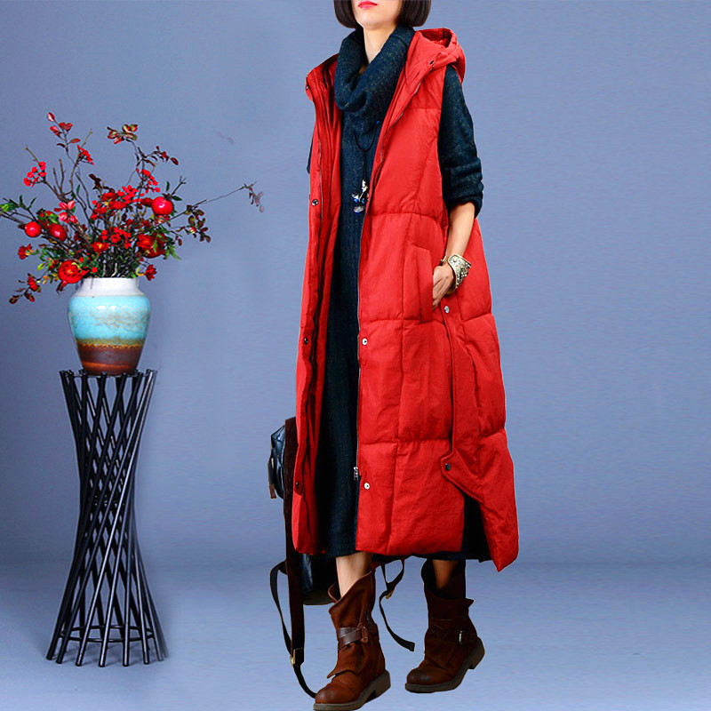 Down Vest for Women, Mid-Length, 2025 Winter, White Duck Down, Hooded, Ethnic Style, Irregular, Warm Jacket