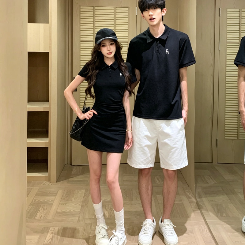 Korean-Style Preppy Couple Outfit Short-Sleeve Polo Collar Dress for Women, Summer Casual Slimming Little Black Dress Korean-Style Preppy Couple Outfit Short-Sleeve Polo Collar Dress for Women, Summer Casual Slimming Little Black Dress