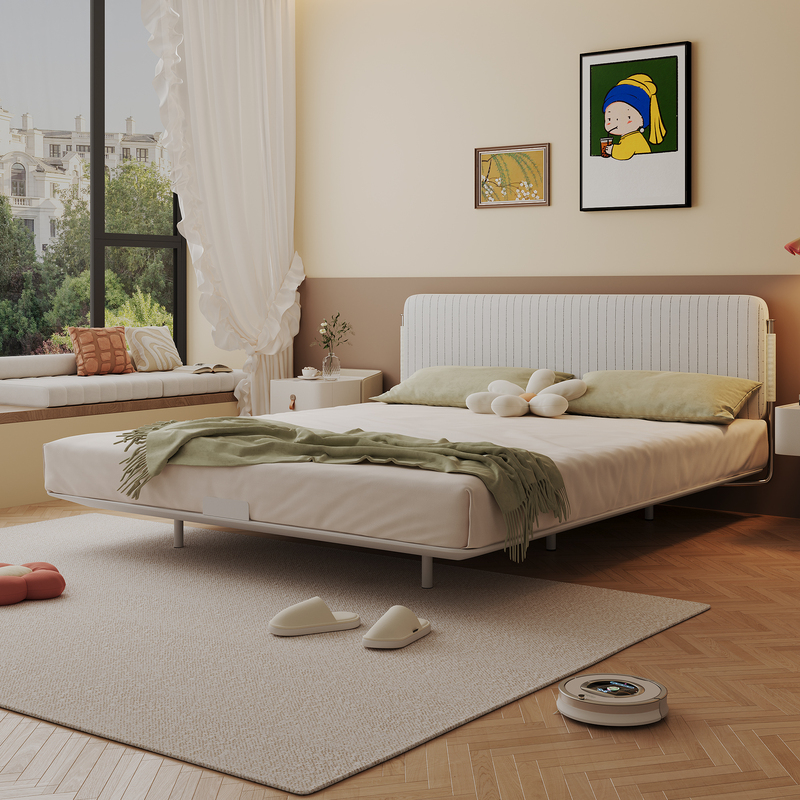 Acrcoi Modern Minimalist Cream-Style Fabric Removable and Washable Bed, Antique-Style Small Apartment Full-Size Carbon Steel Floating Bed Acrcoi Modern Minimalist Cream-Style Fabric Removable and Washable Bed, Antique-Style Small Apartment Full-Size Carbon Steel Floating Bed