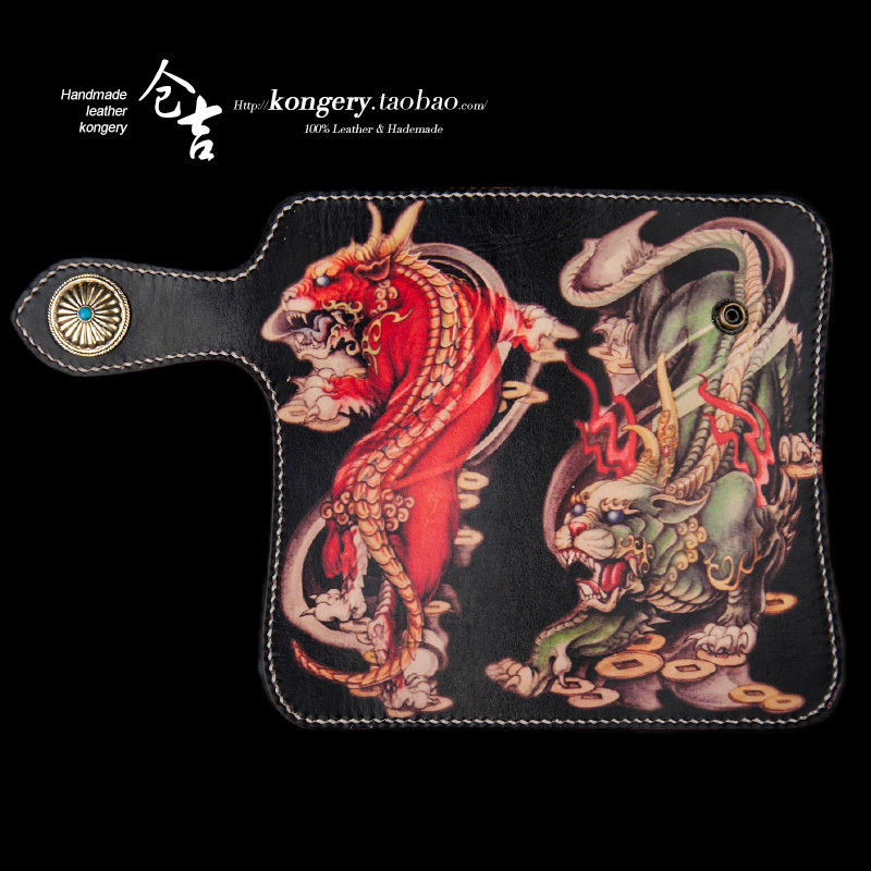 Upscale printed genuine leather men's pure handmade storage wallet head layer Bull Leather Money Clip of the Long version of the hand Take the bracelet bag