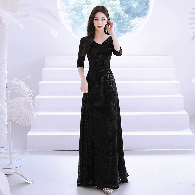 Black High-Elastic Shiny Annual Meeting Host Adult Formal Dress Daily Performance Choir Performance Conductor Women's Long Dress
