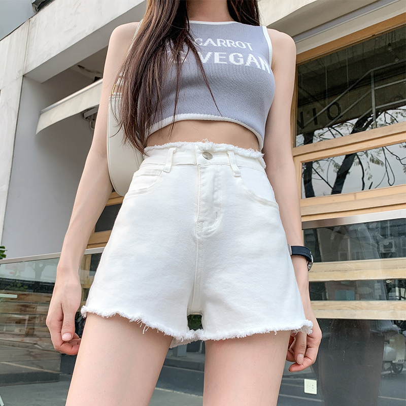 South Korea 2021 Summer new broadlegs High waist white wool side loose denim shorts women black Slim Hot Pants Tide