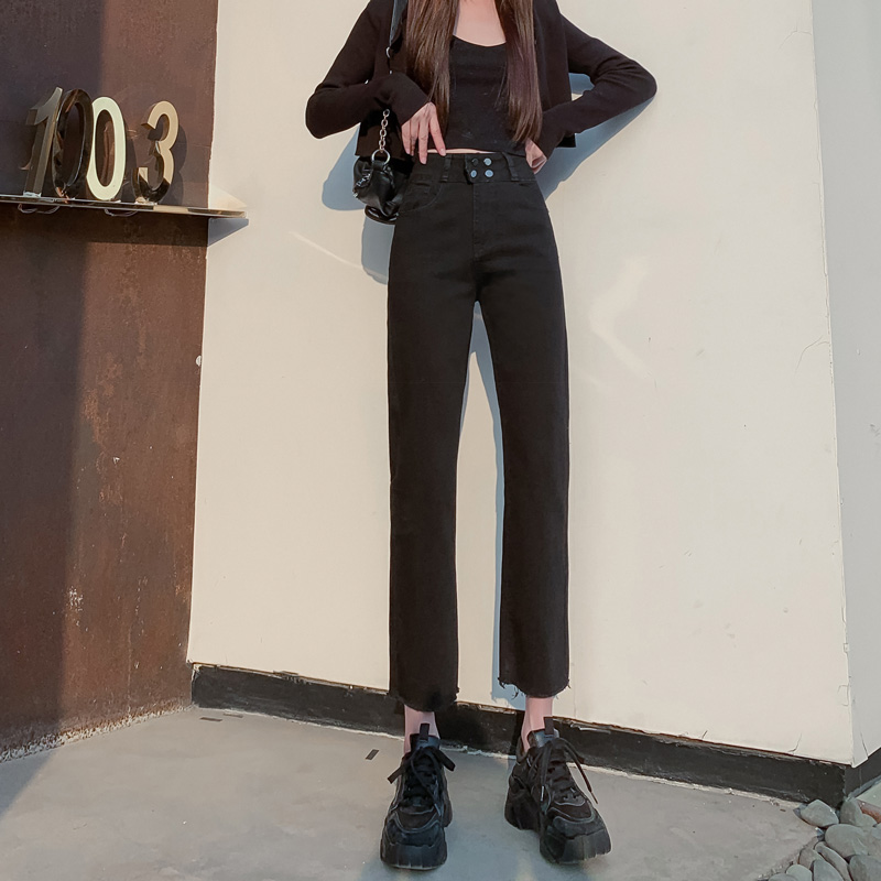 South Korea Black Straight Drum Jeans Woman 90% 2021 Spring Summer Ultra High Waist Display Slim slim 80% smoke pipe pants