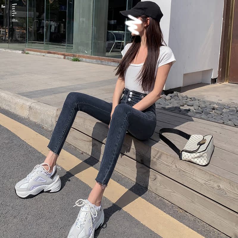 South Korea High Waist Light Blue Skinny Jeans Woman 90% 90% 2021 Chunxia New Web Red Hedge Skinny Skinny Smoke tubes pants