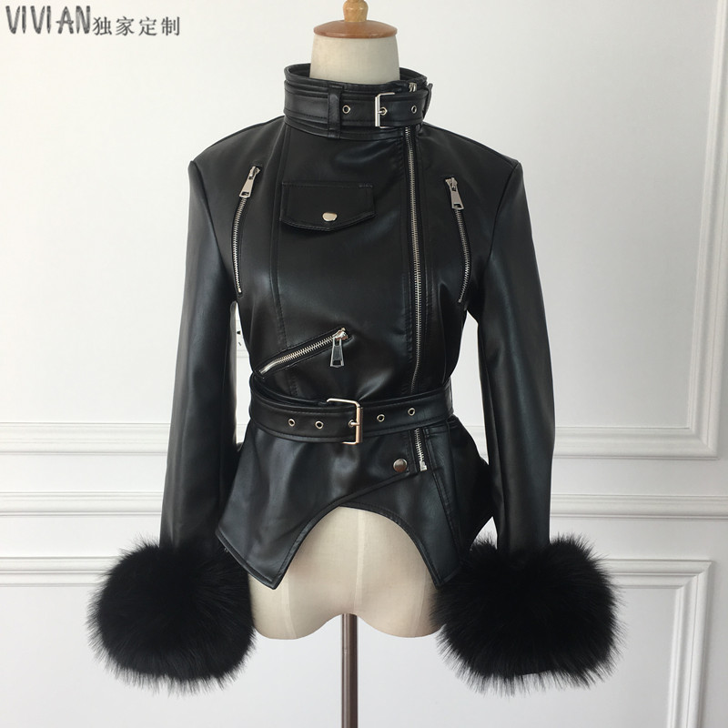 Mùa đông mới đứng cổ áo màu đen hoang dã cộng với nhung dày da mỏng của phụ nữ da cừu còng lông xe máy quần áo thủy triều áo da nữ dáng dài đẹp