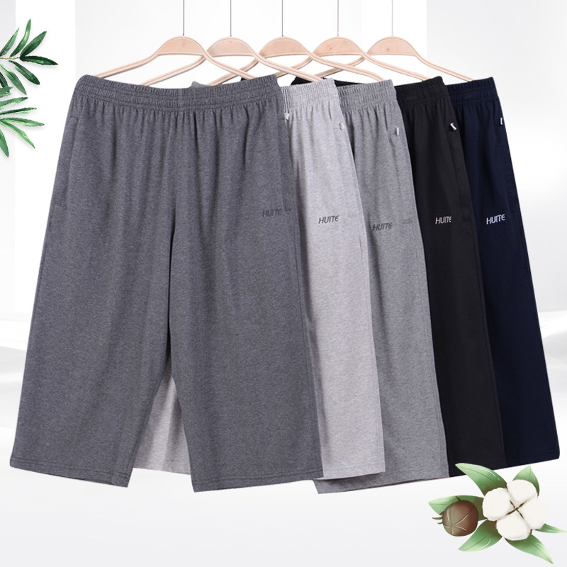 Summer Thin Loose-Fitting Men's Cotton Sports Shorts, Elastic Casual 7/8 Length Pants for Middle-Aged and Elderly Dads