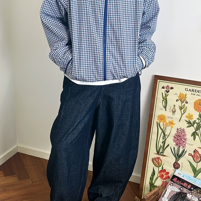 777 Unisex American Retro Custom Woven Vintage Blue and White Checkered Pure Cotton Thin Jacket Loose Fit Coat