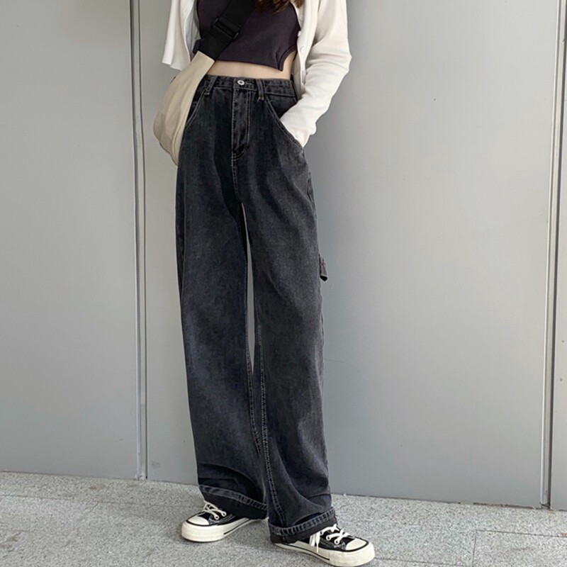 Large size jeans women's spring and autumn 2022 new black high-waisted slim straight-leg mopping wide-leg pants trendy ins